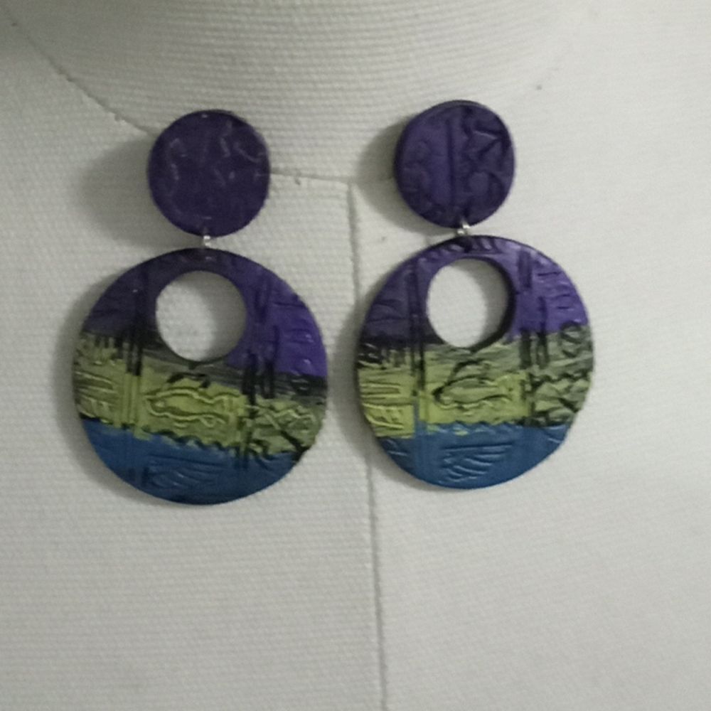 Wooden carved fishes/water Purple green and blue circle drop dangle earrings